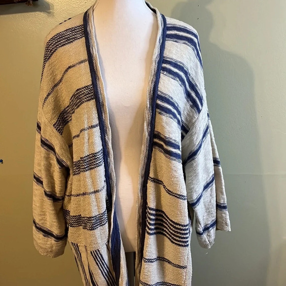 Pure Jill cotton striped blue white open front longline cardigan size medium - Picture 4 of 16